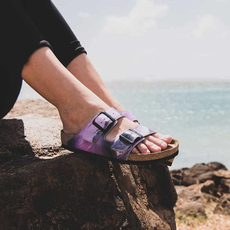 pink and purple ocean wave on birkenstock sandal