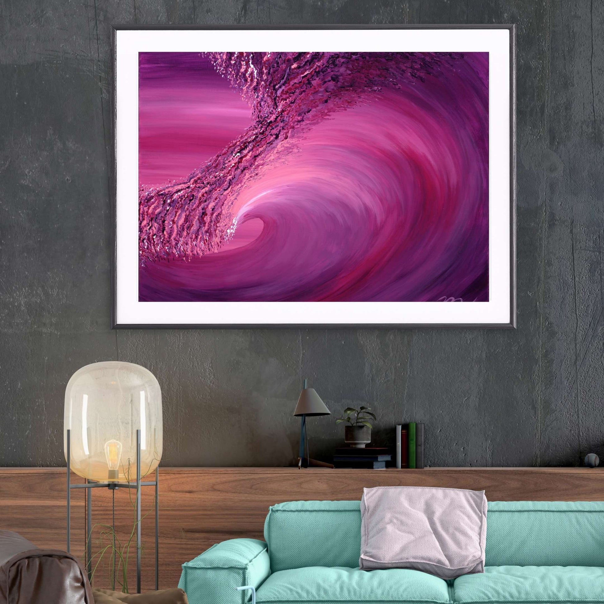 pink aesthetic ocean wave, pink ocean, beach house decor, surf art