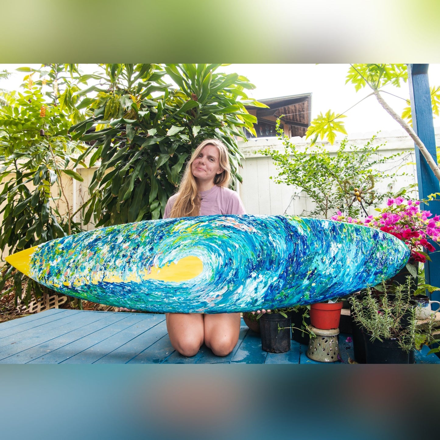 Ocean wave on surfboard, surfboard art, surfboard artwork, blue wave, hawaii art, energyportriat, soul portrait